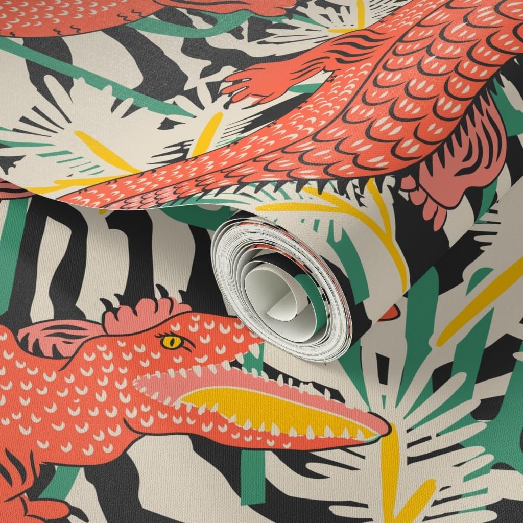 Spoonflower Peel & Stick Wallpaper 3ft x 2ft - Tropical Maximalist Coral Green Crocodile Alligator Bright Boho Vivid Bold Custom Removable Wallpaper