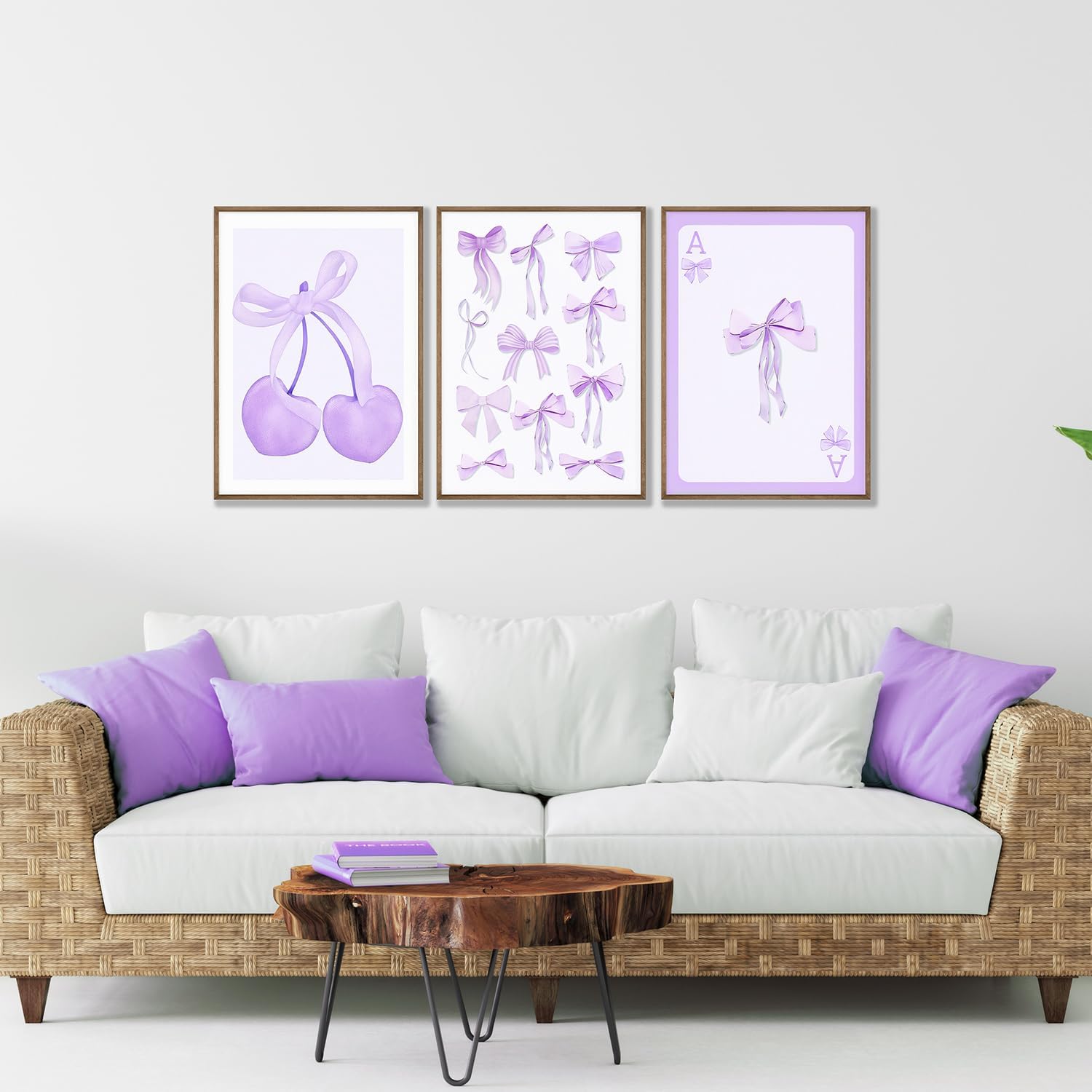 Purple Coquette Trendy Preppy Bows Cherry Wall Art Prints Set of 3 Watercolor Light Purple Poker Posters Wall Decor Girly Dorm Room College Apartment Aesthetic for Girls Bedroom 12x16 inch Unframed
