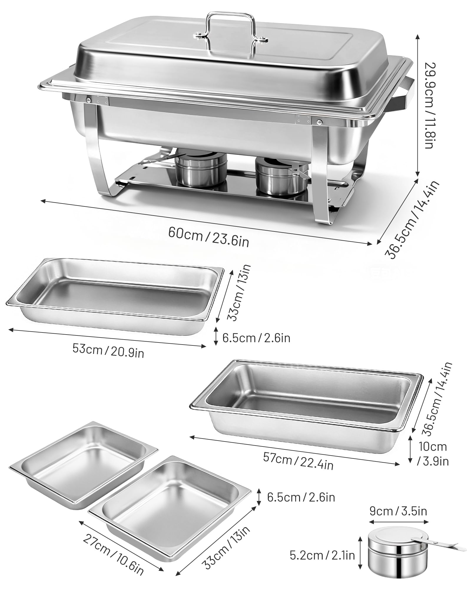 Chafing Dishes Buffet 2pcs, 9L, Scalda Vivande Portatile Rettangolare con Coperchio a Scomparsa [2 Vaschette Intere 4 Mezze Vaschette] Scaldavivande per Feste, Compleanni, Festività, Eventi in Chiesa