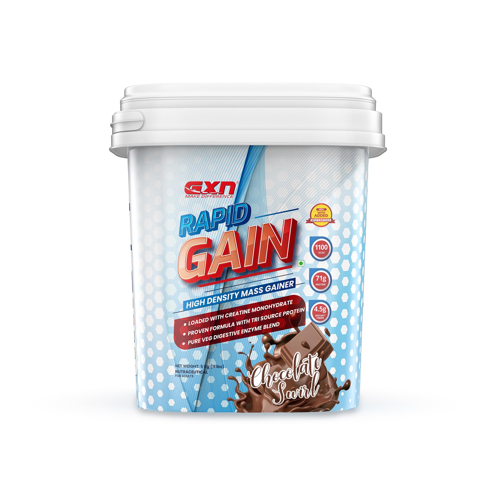 GXN Rapid Gain 5 kg | 321.35kcal | 3g Creatine | Whey Protein Concentrate & Soy Protein Isolate | Chocolate Swirl | 67 Servings | Mass Gainer