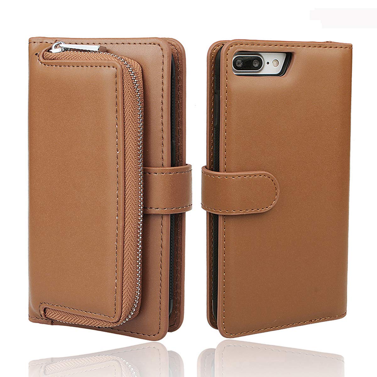 Xidan Organizer Premium PU Leather Clutch, Magnetic Detachable Leather Purse with Removable Shock-absorption Back Case, Card Slots and Zip Pouch Folio Flip Case Cover for iPhone 7Plus/8Plus