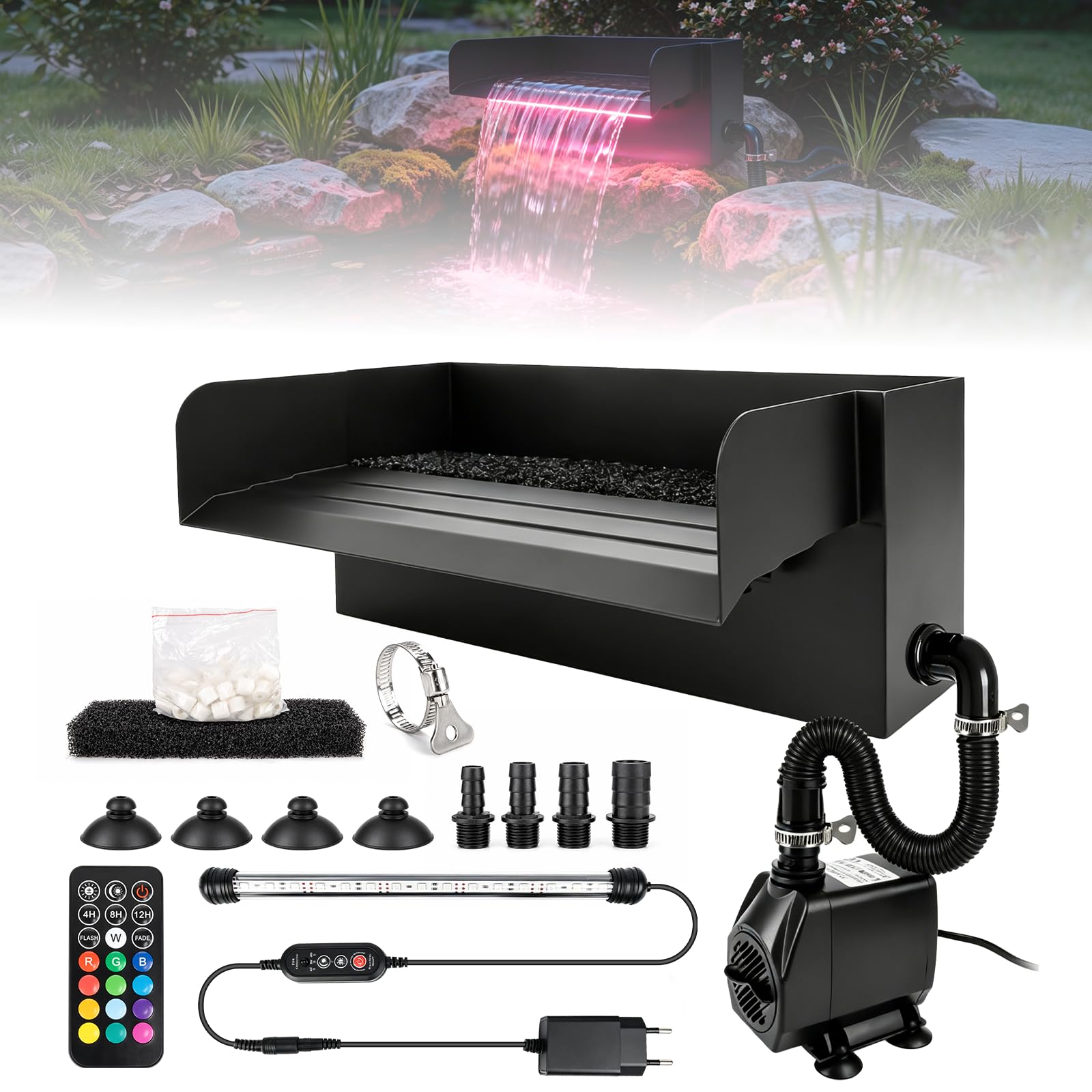 Edelstahl Wasserfall Set 30 cm mit LED Fernbedienung 45 W 3500 L/h Pumpe für Garten Teich Schwimmbad