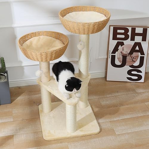 Vista 25 de SHENGOCASE Torre de árbol para gatos con cesta de mimbre de ratán, 3 cestas nido grandes tejidas a mano, percha de ventana para gatos grandes