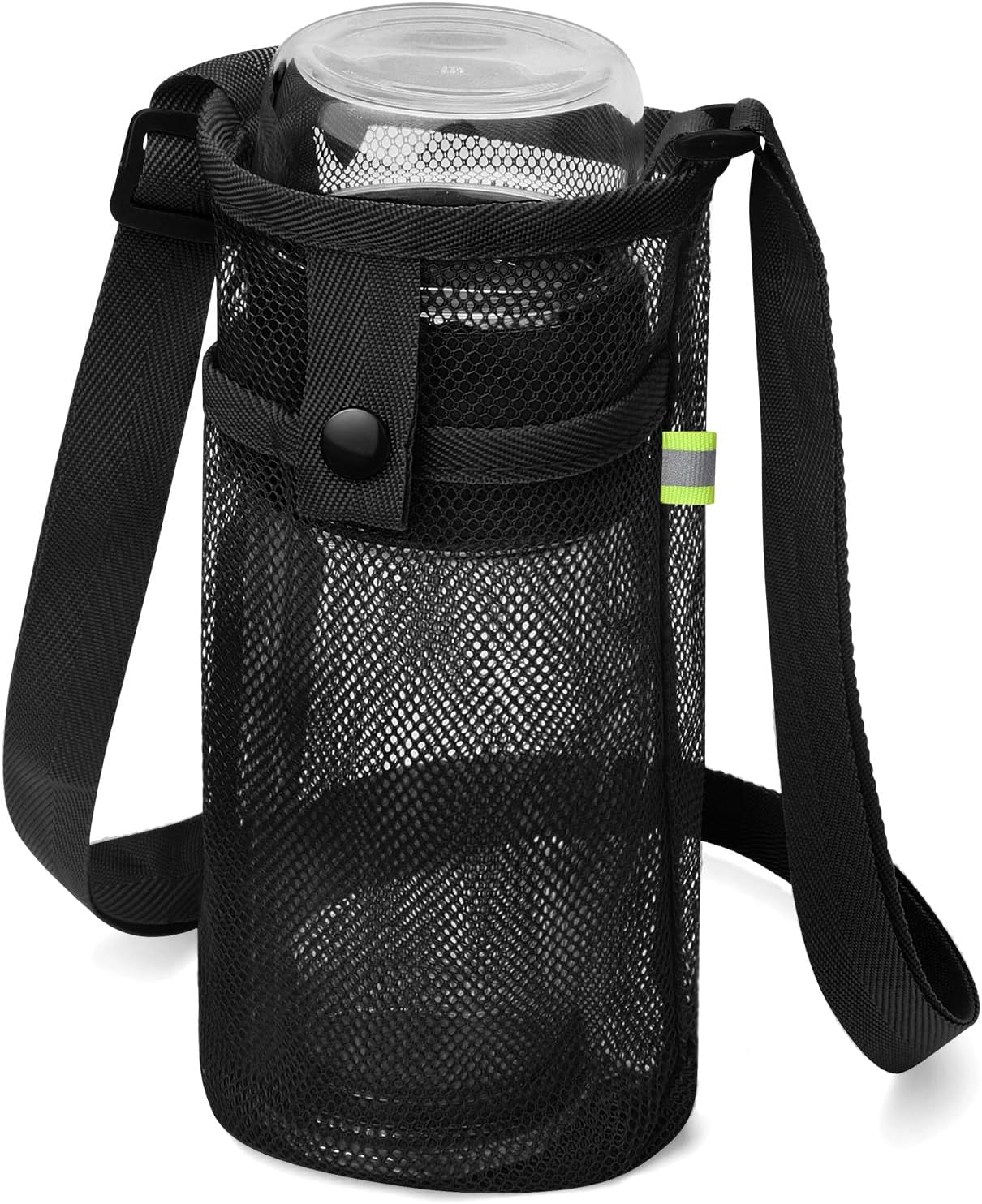 BINSUNS Water Bottle Holder with Strap, Mesh Water Bottle Bag Crossbody Bottle Sling Adjustable Shoulder Strap and Pocket - Carrier for Walking Sports Hiking Camping (Black)