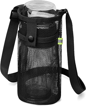 BINSUNS Water Bottle Holder with Strap, Mesh Water Bottle Bag Crossbody Bottle Sling Adjustable Shoulder Strap and Pocket - Carrier for Walking Sports Hiking Camping Black