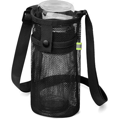 BINSUNS Water Bottle Holder with Strap, Mesh Water Bottle Bag Crossbody Bottle Sling Adjustable Shoulder Strap and Pocket - Carrier for Walking Sports Hiking Camping (Black)