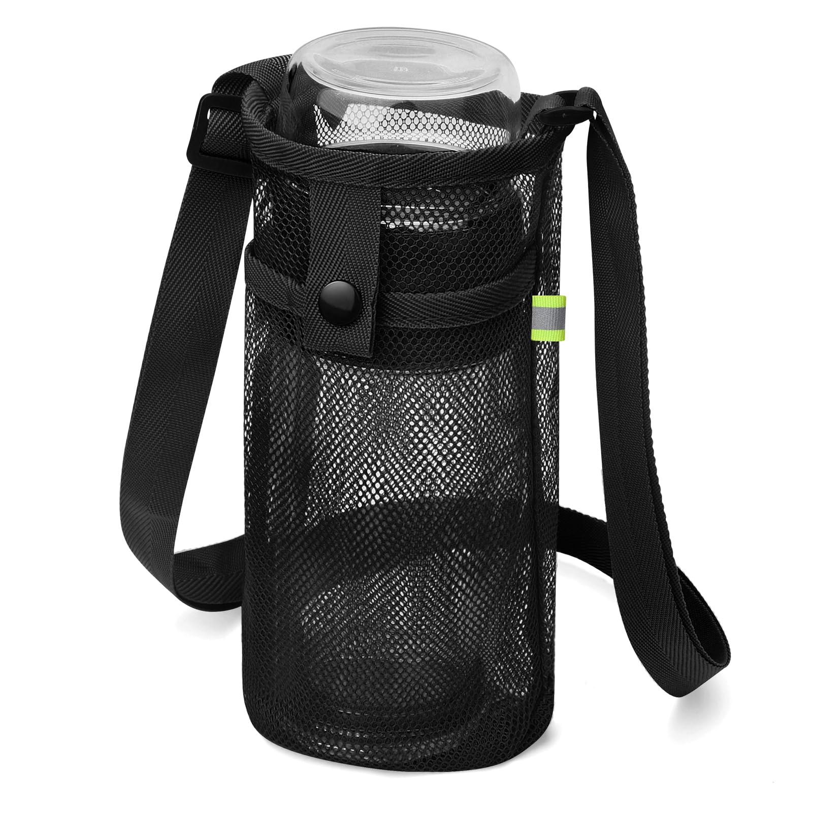 BINSUNS Water Bottle Bag with Strap, Mesh Water Bottle Holder Crossbody Bottle Sling Bag Adjustable Shoulder Strap and Pocket - Carrier for Walking Sports Hiking Camping (Black)