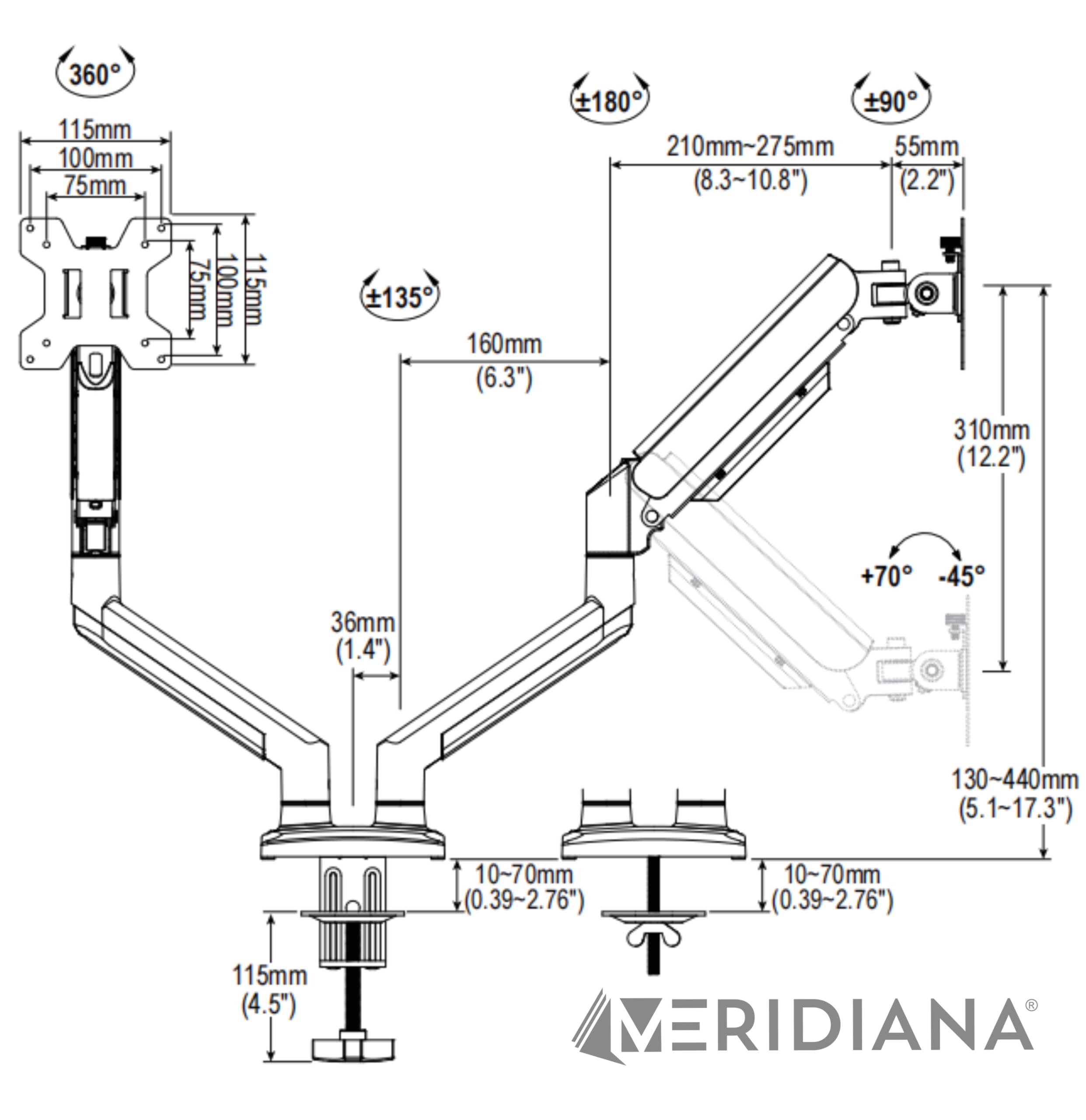 Meridiana Doppio Supporto Monitor Schermi da 10 a 32 Pollici | scrivania gaming, monitor pc, VESA 75 \ 100, Braccio monitor doppio fino12kg, Girevole e Regolabile in Altezza e inclinazione
