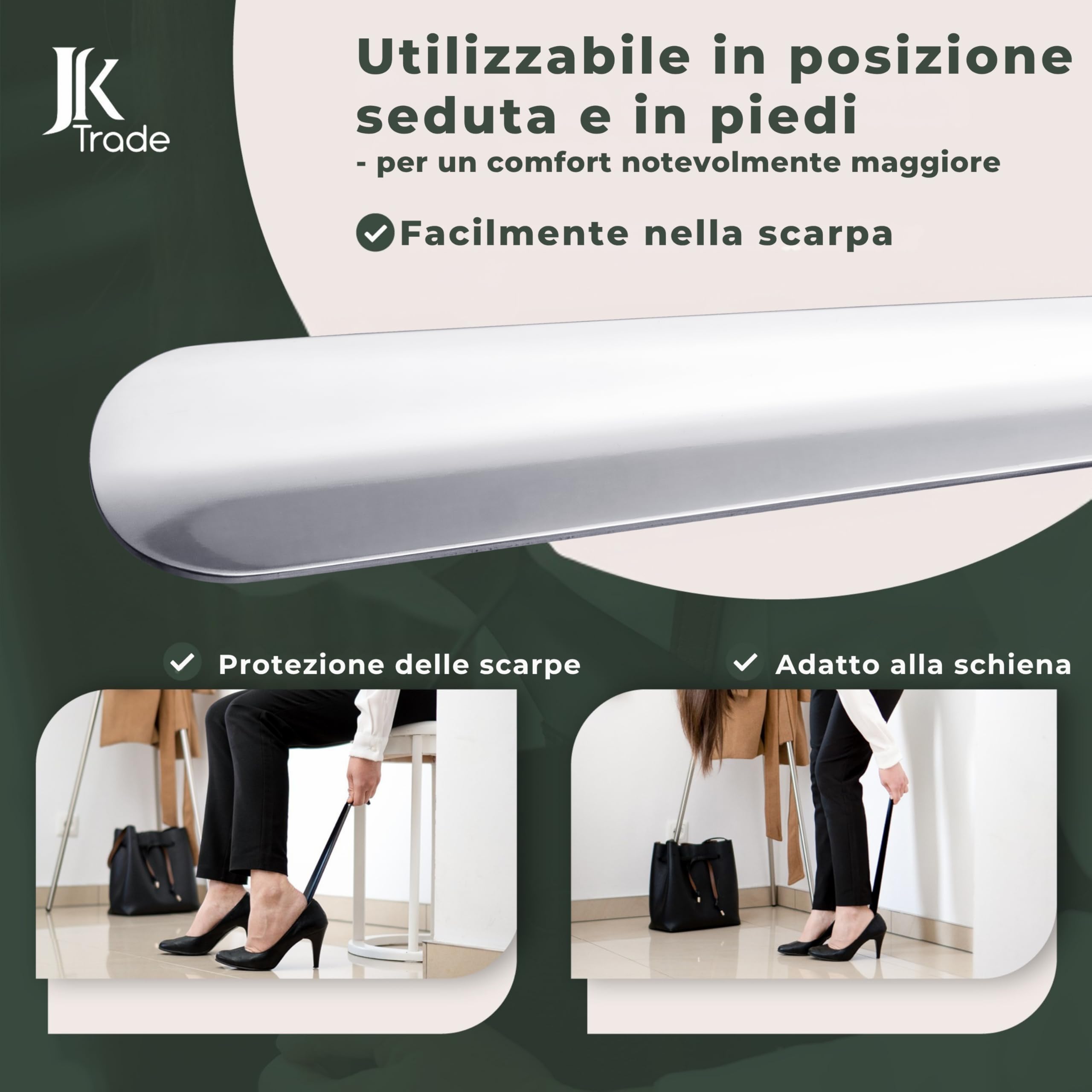 JK Trade® Calzascarpe in acciaio inox stabile da 62 cm, lunghezza 2 mm, in metallo lucido, lungo per stare in piedi, veloce e semplice, lunghezza e larghezza ottimizzate, per lavoro