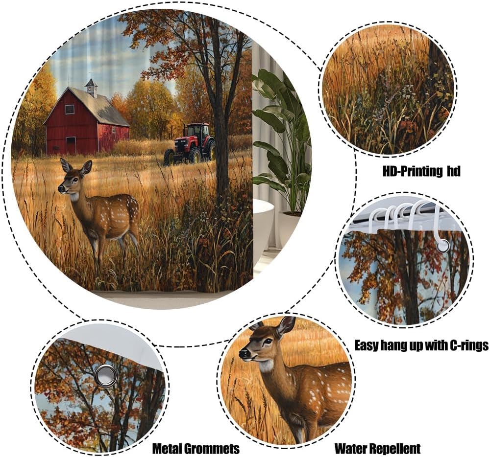 Rustic Deer Shower Curtain Autumn Farm Tractor Barn Country Wildlife Elk Hunting Cabin Forest Animal Fall Thanksgiving Harvest Farmhuse Nature Landscape Bathroom Decor Curtain Sets with Hooks