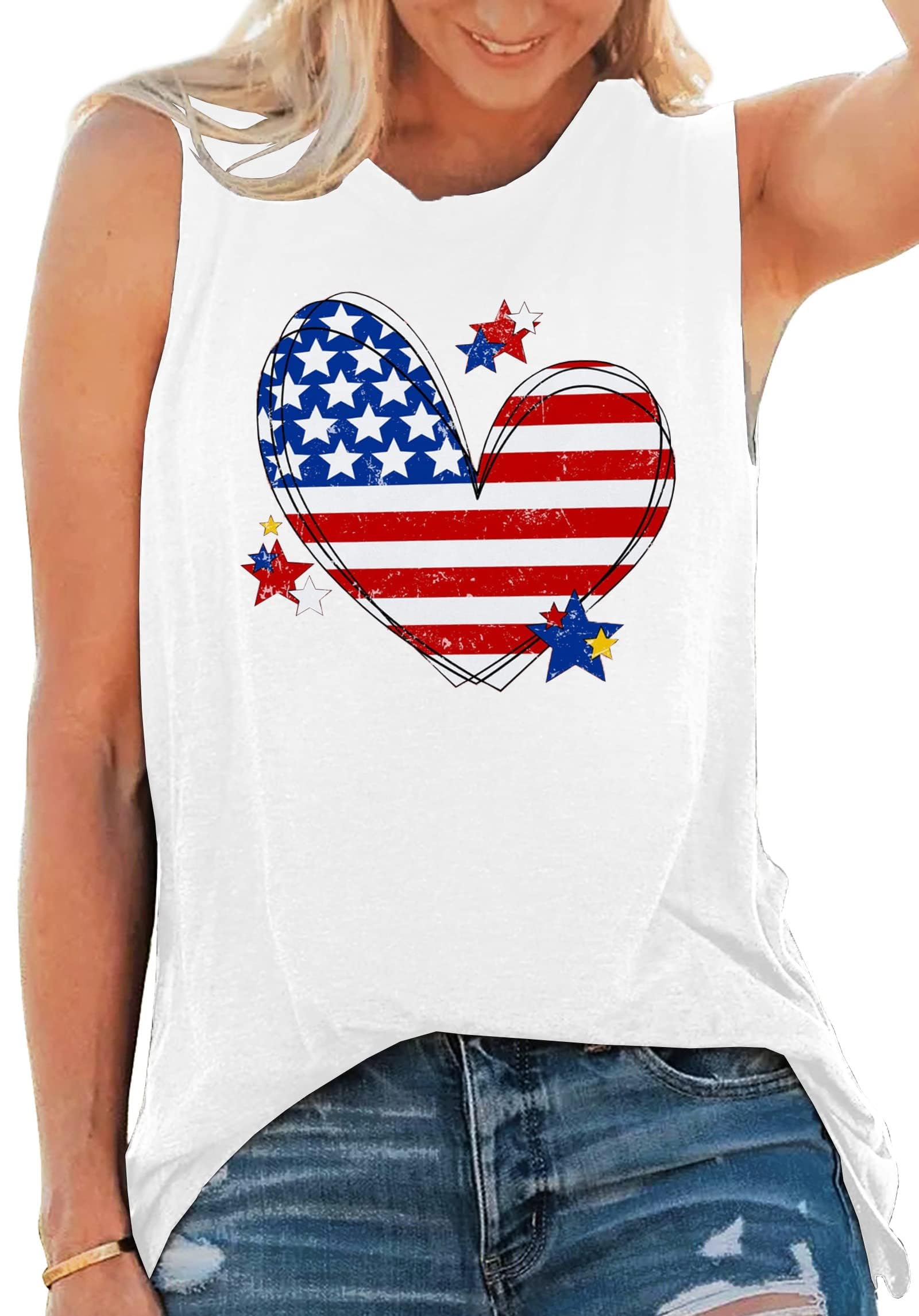 American Flag Tank Tops Women Sunglass Graphic Tees Shirts Casual Sleeveless 4th of July Shirt Tops