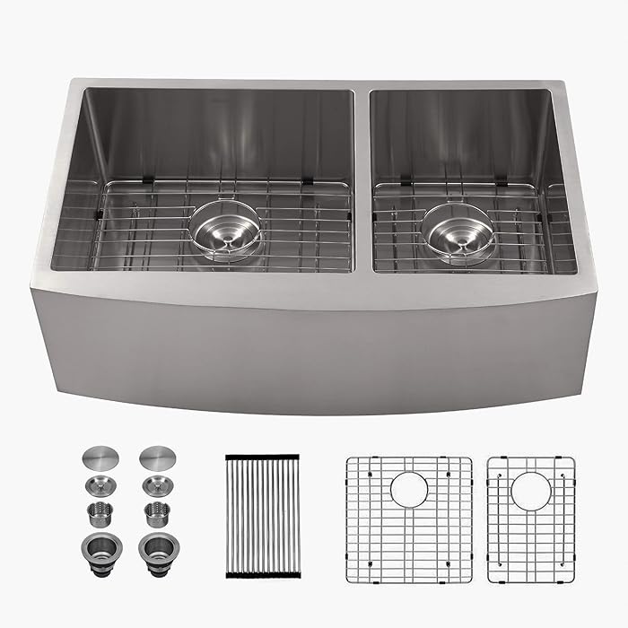 Buy Farmhouse Sink Double Bowl 60/40 Mocoloo 33"x21" Inch 16 Gauge Stainless Steel Undermount