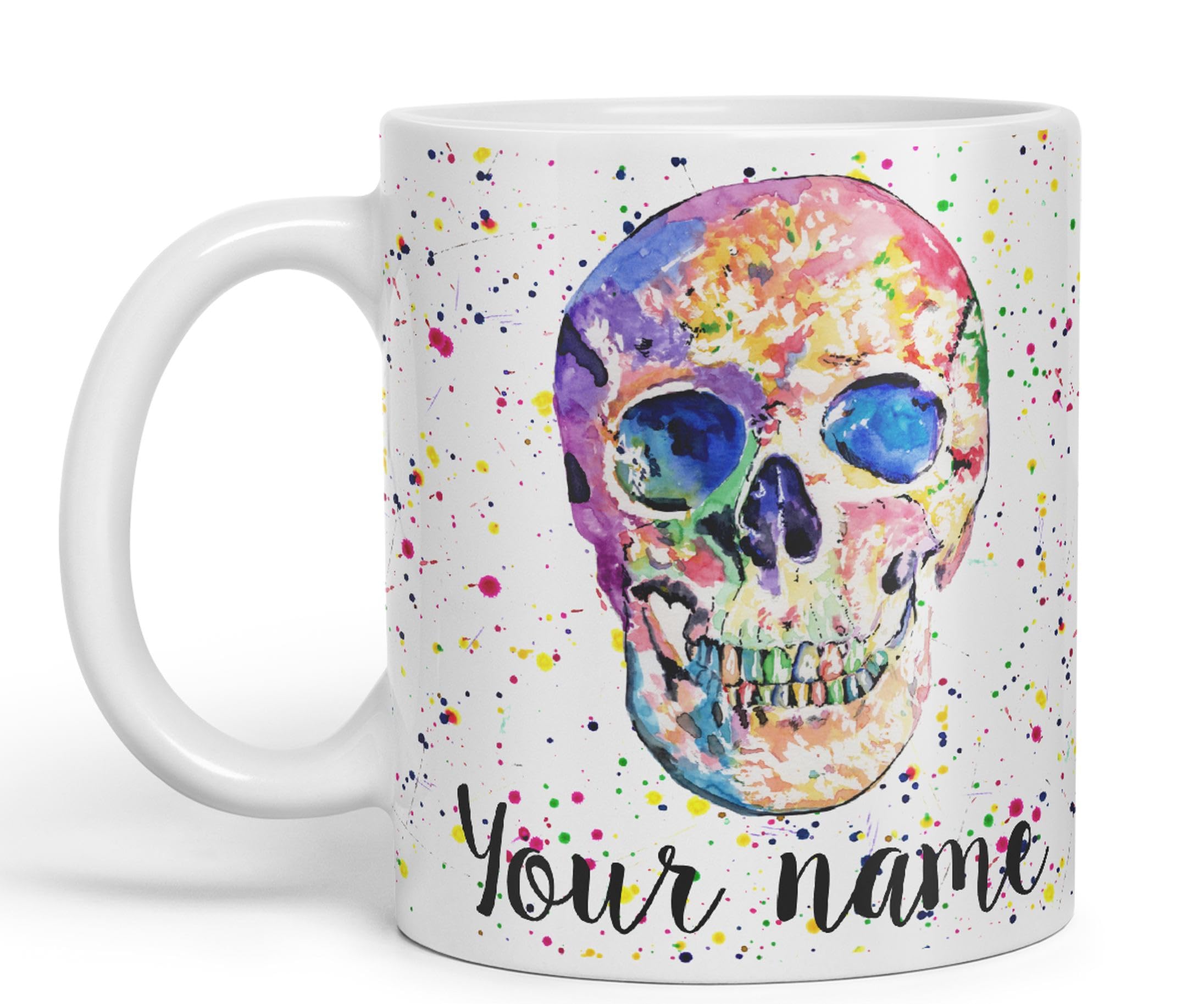 Vixar Personalised with Your Text Skull Front Art Coloured Ceramic Mug Cup Gift 330ml 11oz Custom Work Office Tea Coffee (White)