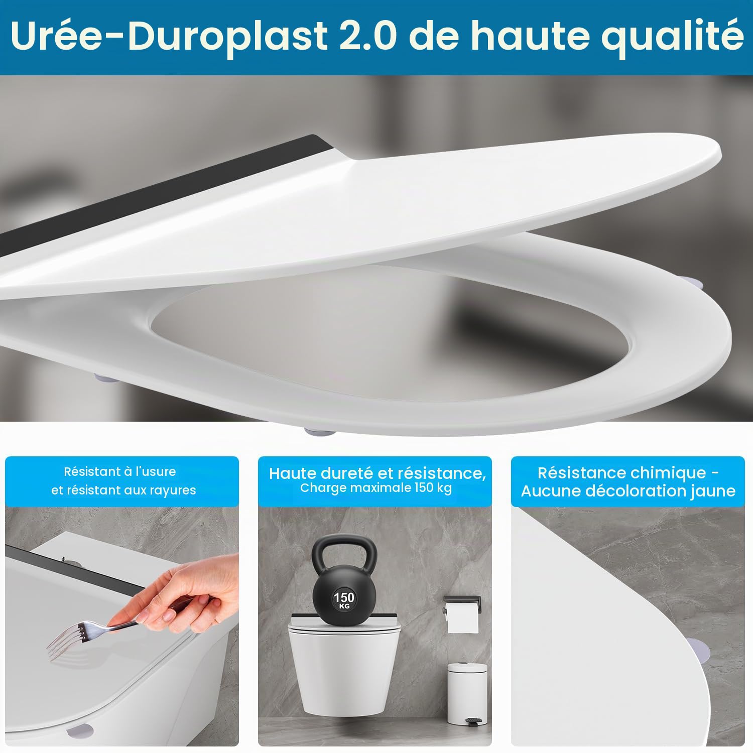 Abattant WC Ultra-mince Forme D[COURT], Lunette de Toilette avec Frein de Chute, Siège de toilette en Urée-formaldéhyde avec fonction détachable, 42,5 * 36,2 cm
