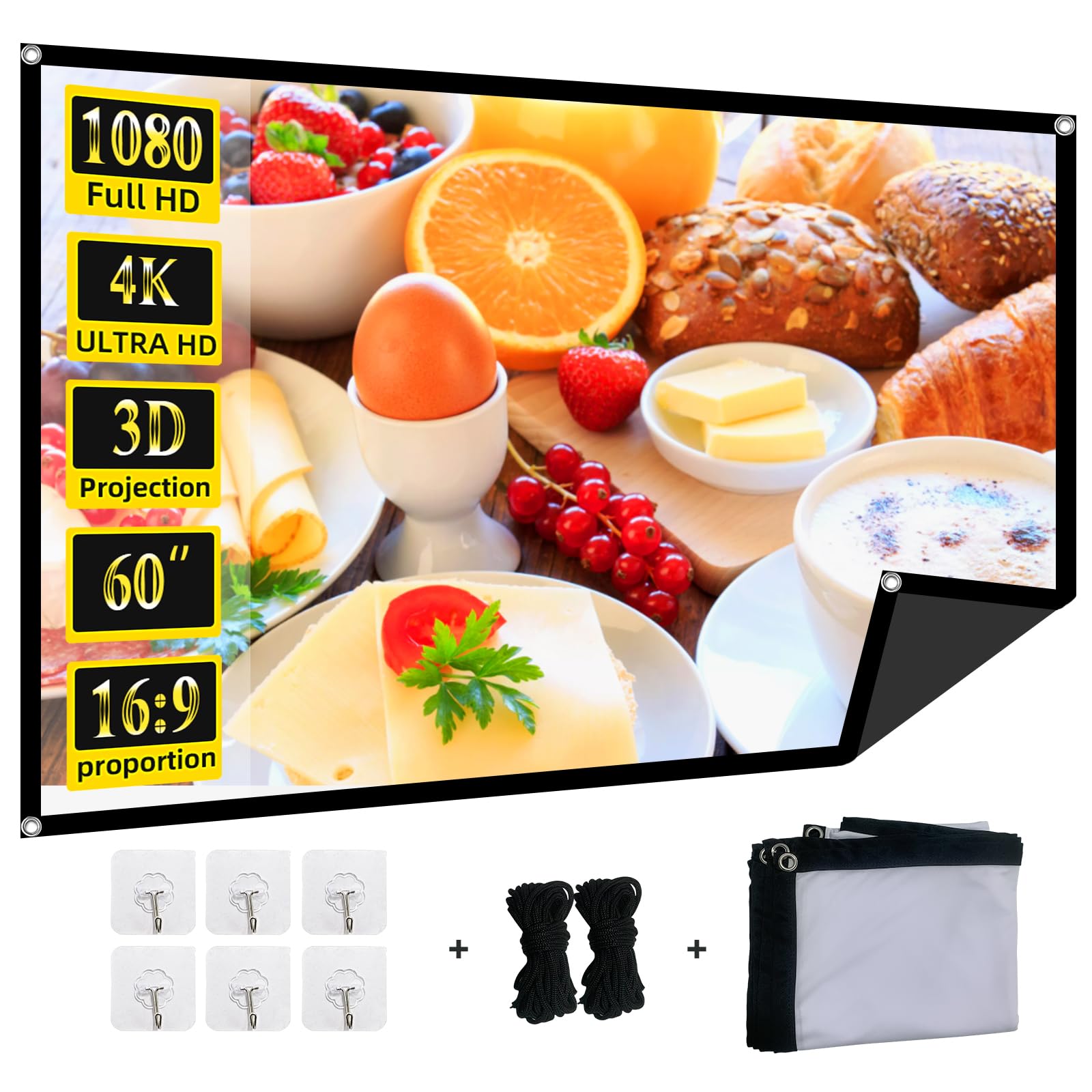Foldable 60in Projector Screen, XINLEMY 4K 16:9 HD Portable