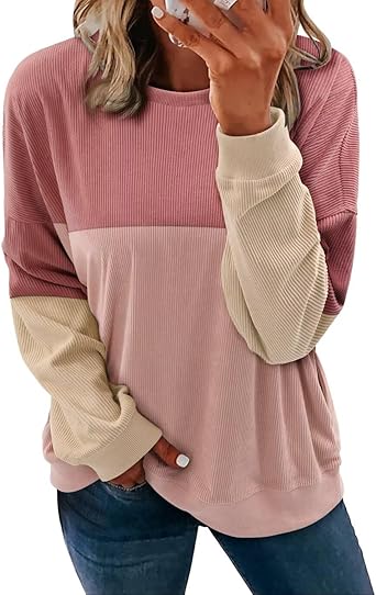 KISSMODA Women's Casual Long Sleeve Sweatshirt Color Block/Solid Crewneck Corduroy Pullover Cute Tops