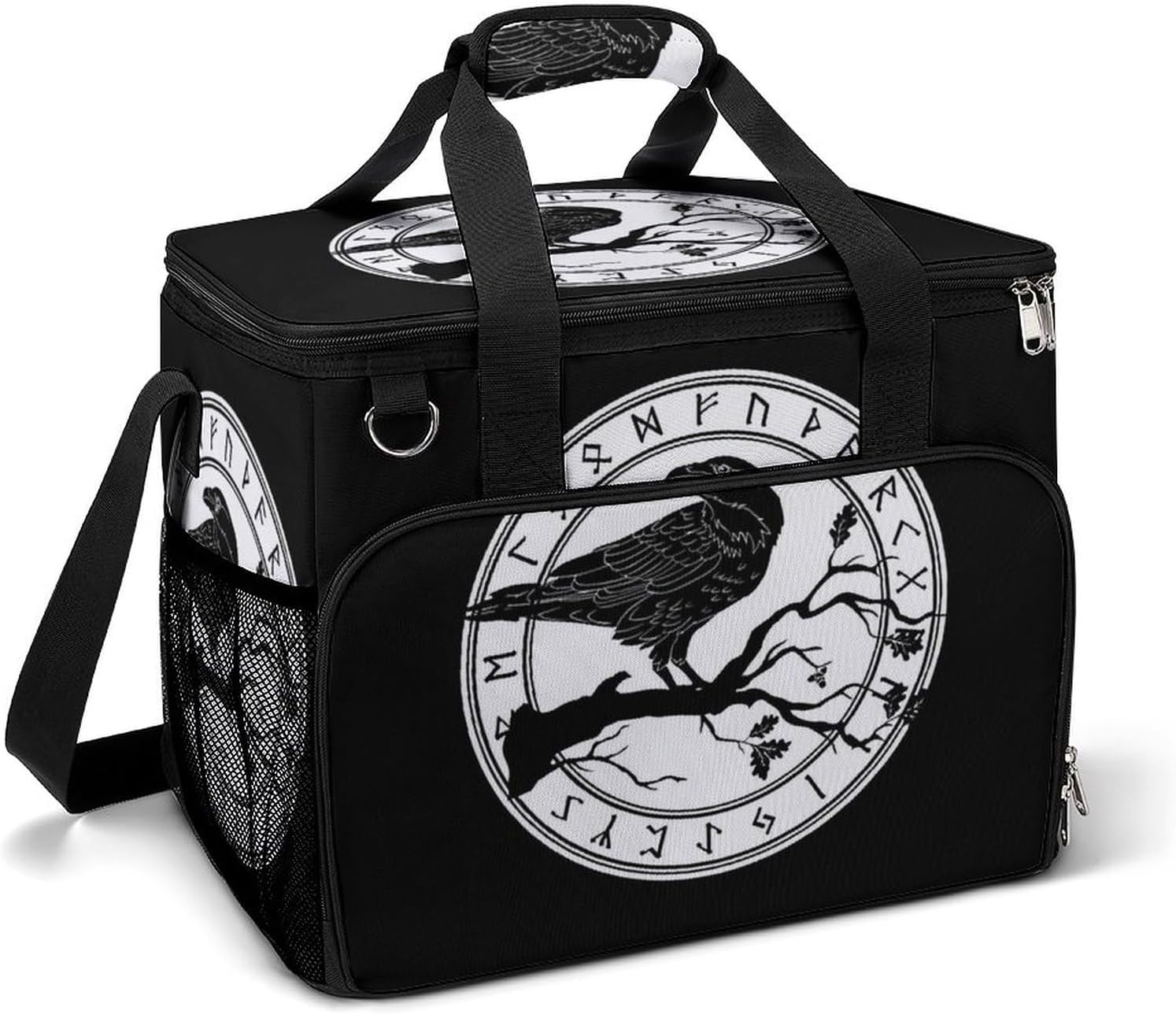 Viking Norse Mythology Rune with Odin Ravens Cooler Bag, Collapsible Soft Sided Cooler, Large Leakproof Camping Cooler, Portable Travel Cooler for Camping, Road Trips