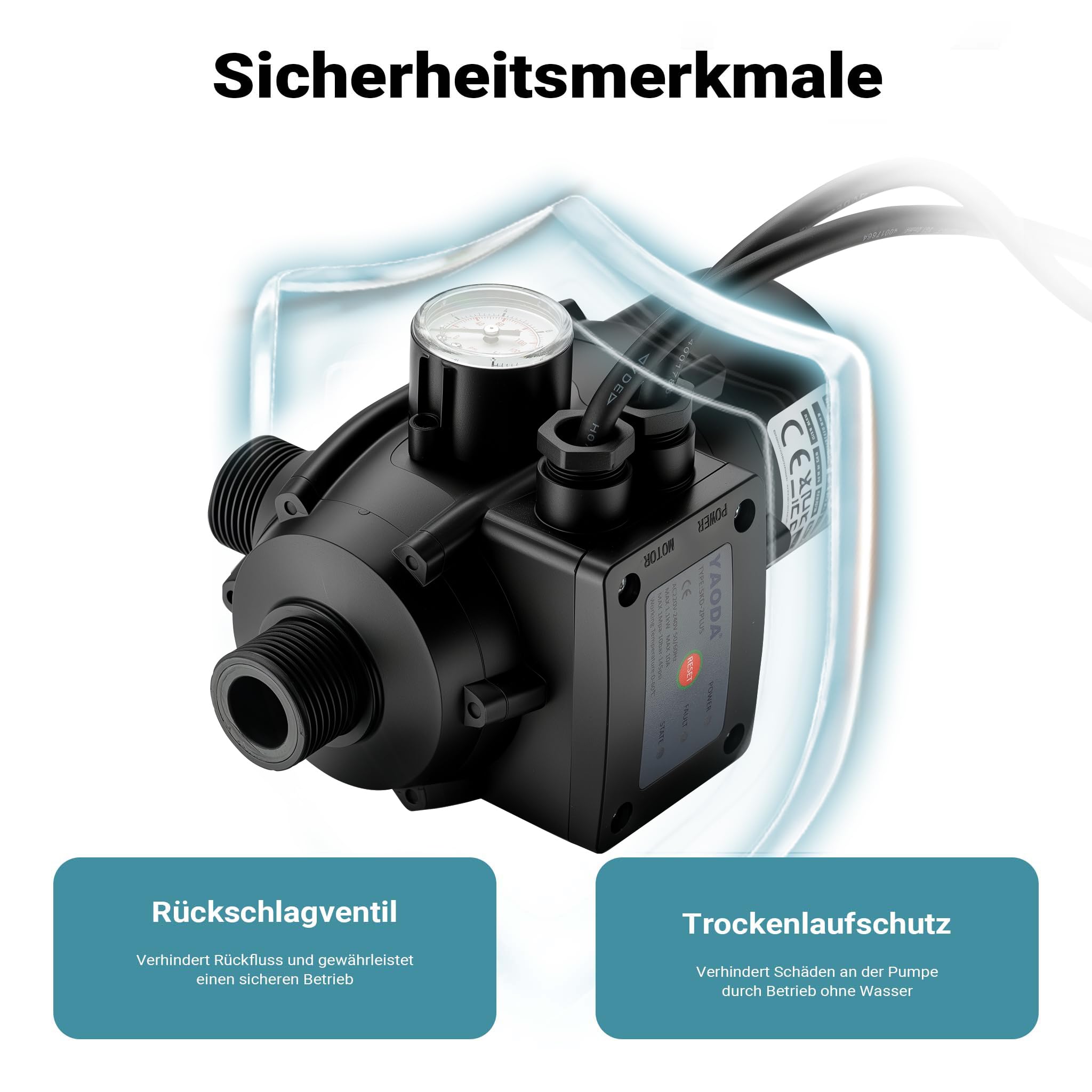 Wiltec Druckschalter mit Kabel EPC-2 230V bis 10 bar, Druckwächter mit Trockenlaufschutz für Hauswasserwerke und Pumpen, zuverlässige Pumpensteuerung