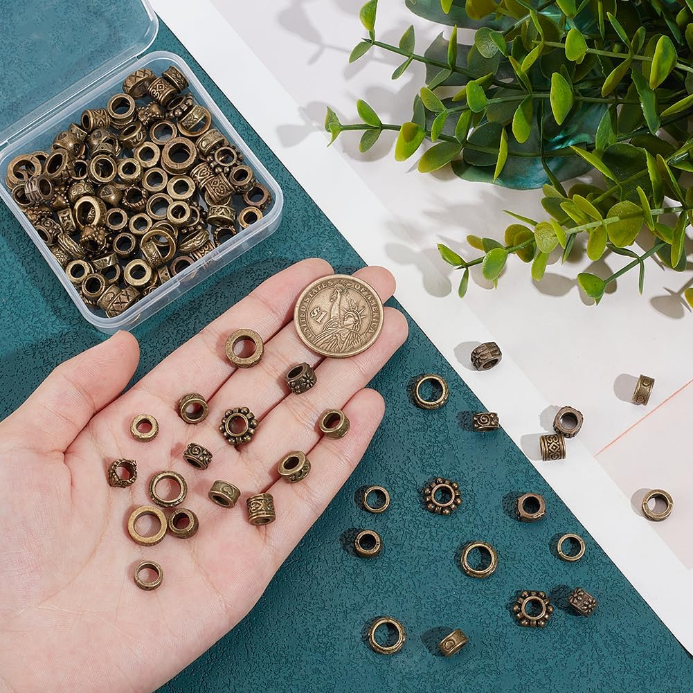 PH PandaHall 120pcs Tibetan Style Alloy European Beads 15 Styles Large Hole Beads Loose Antique Bronze Spacer Bead Metal Bead Spacers for Beadable Pen Garden Stakes Jewelry Making, Hole: 4-7.5mm - Image 3