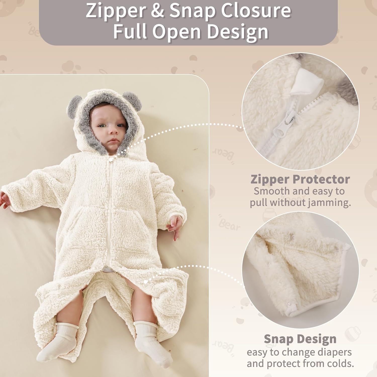 Newborn Baby Bear Outfit Suit With Fold-Over Mittens Footies Girls Boys Winter Fleece Clothes Hooded Romper Snowsuit - Image 3