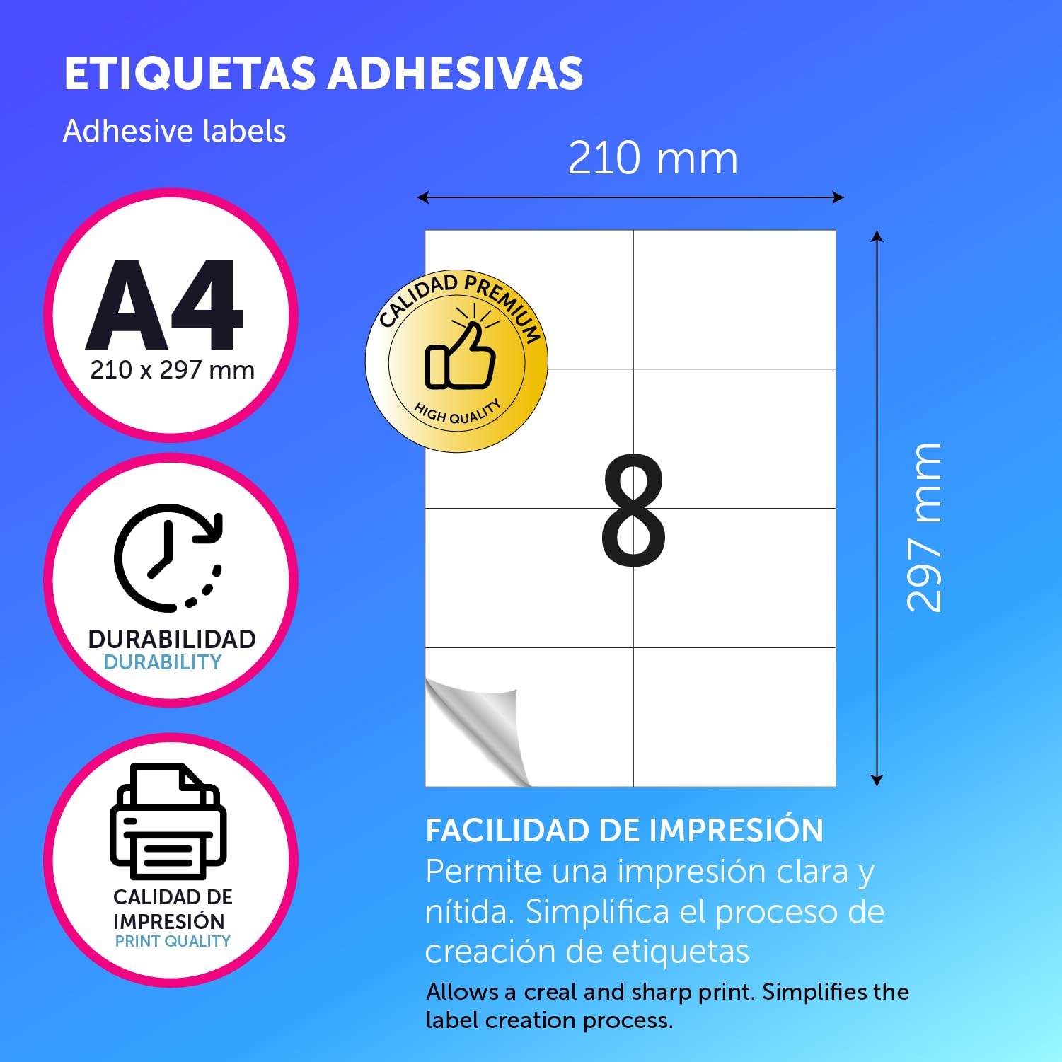 M-office Etichette Adesive A4 Compatibili con Label Printer – Fogli Adesivi, Etichette Bianche per Uso Quotidiano, Carta Adesiva Stampabile per Scrivere (8 etichette per foglio, 1000 fogli)