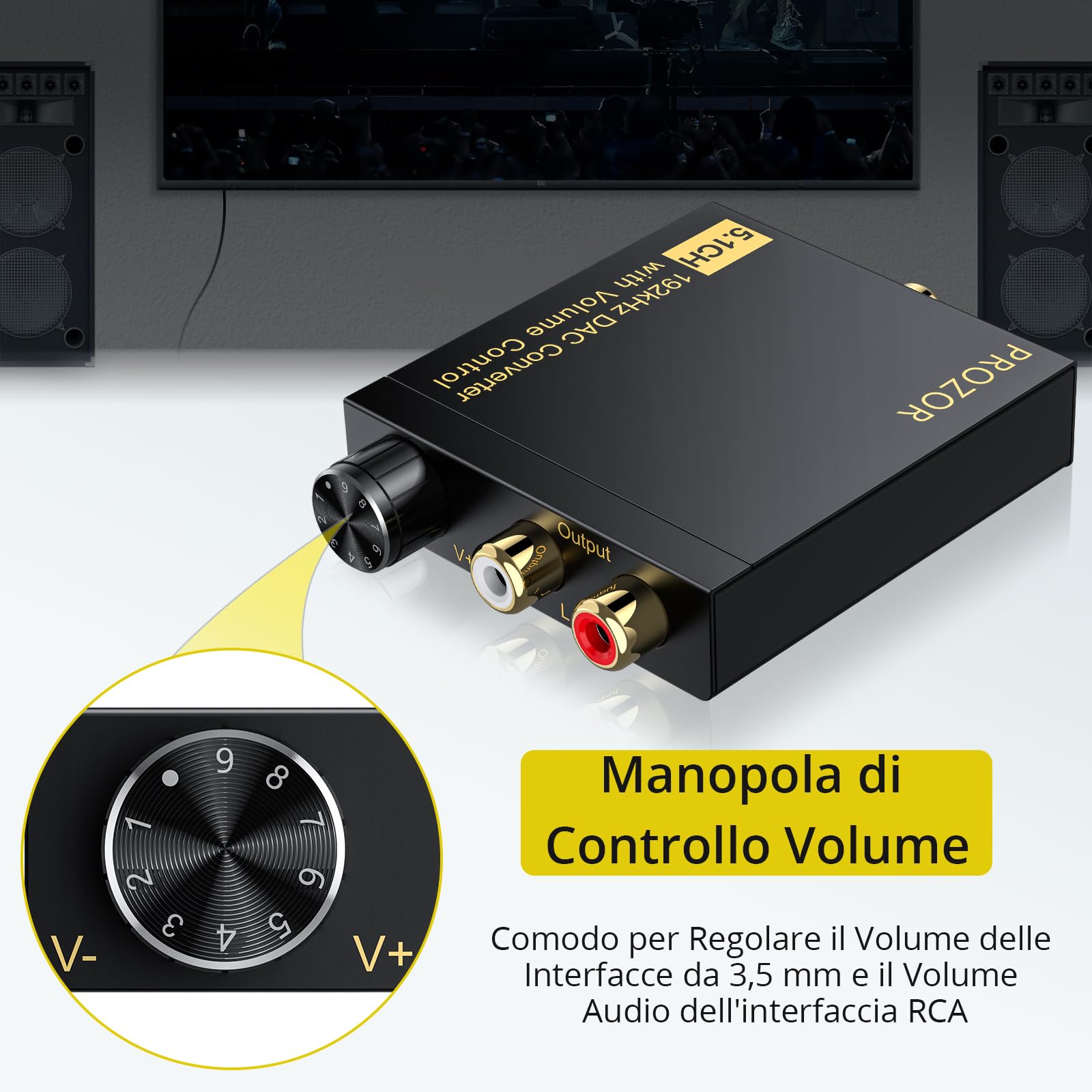 PROZOR D/A Convertitore Digitale ad Analogico Supporta Dolby Digital DTS PCM 5.1CH a 2CH Decodificatore DAC con Volume Regolabile Adattatore Audio Coassiale/SPDIF a RCA con Cavo 2RCA a 3.5mm