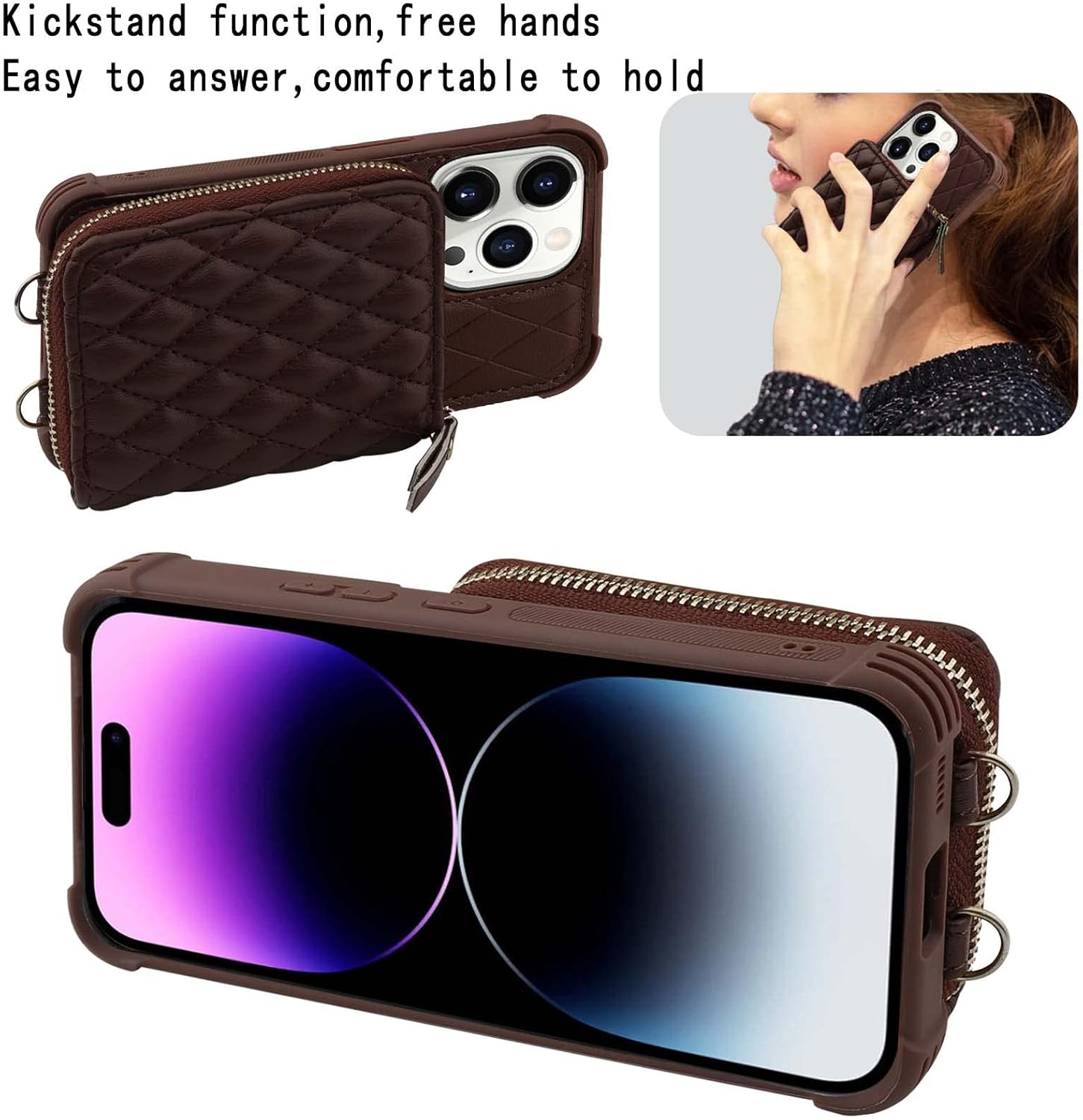 MONASAY Zipper Wallet Case Fit for iPhone 14 Pro Max, 6.7in [Glass Screen Protector ][RFID Blocking] Flip Leather Handbag Phone Cover with Card Holder and Crossbody Lanyard Strap, Brown