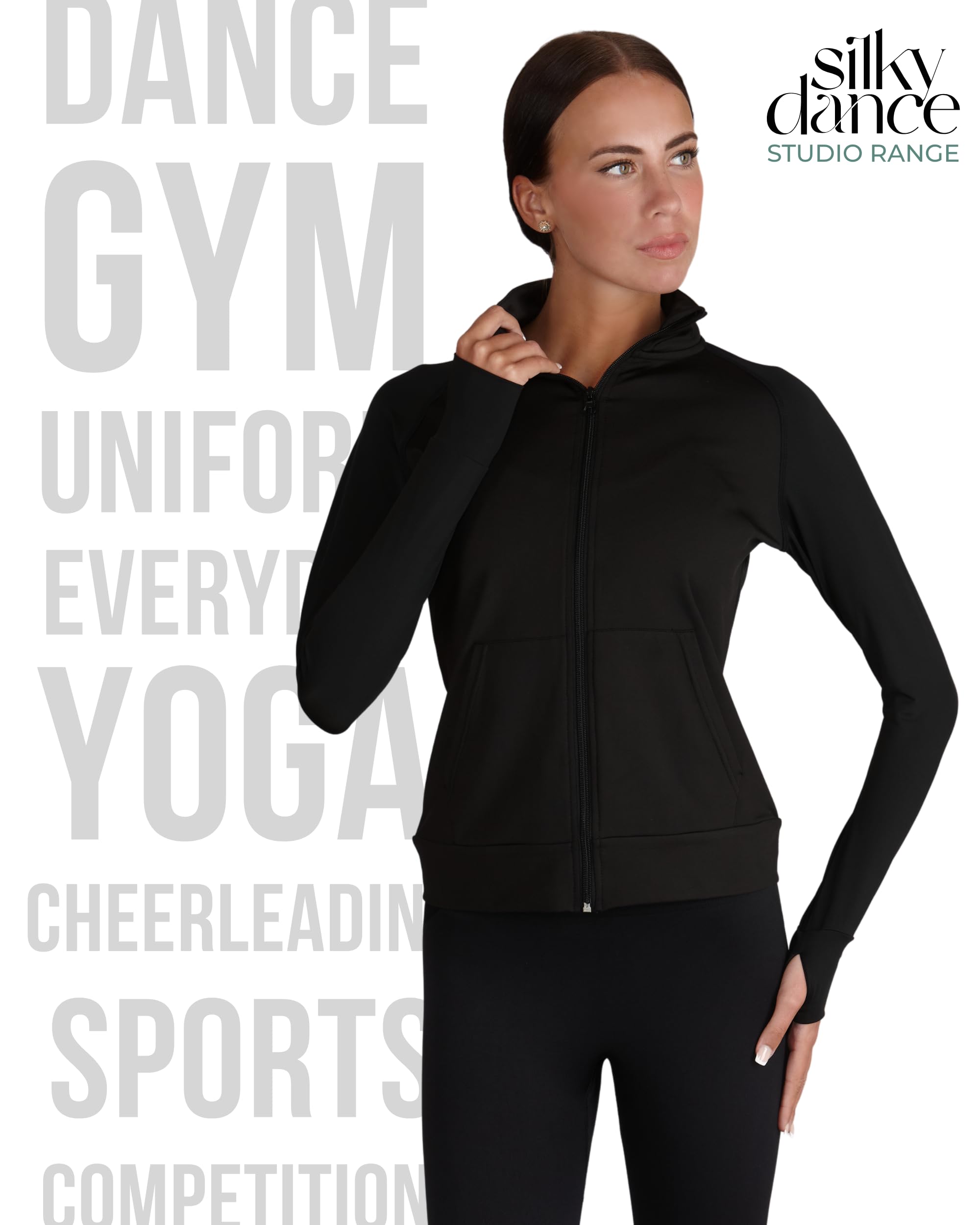 Silky Dance Veste de course à pied zippée pour femmes et filles, veste de sport à manches longues, haut de course à pied, uniforme de danse, veste noire avec trous pour les pouces et poches