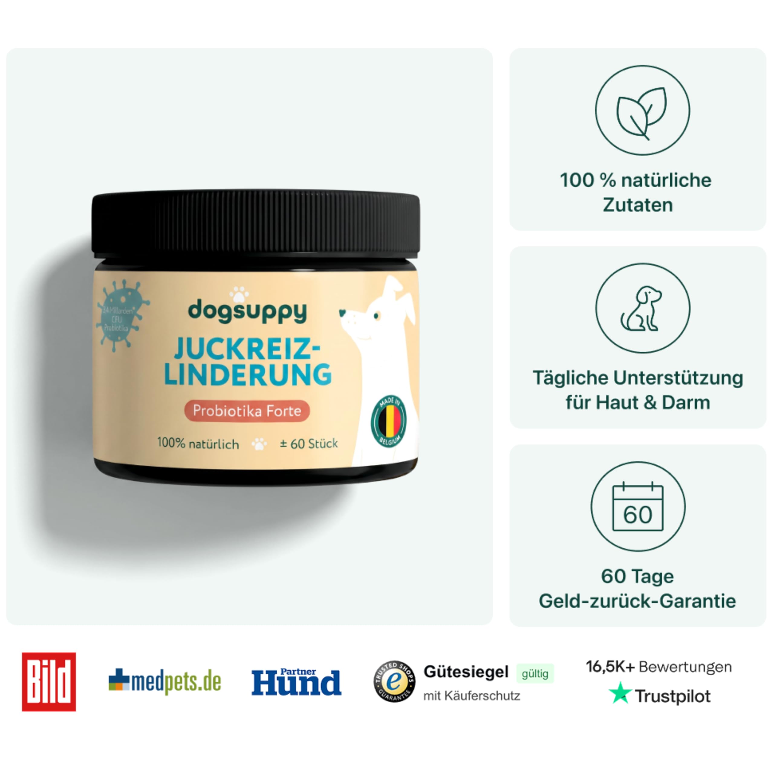 DogSuppy Juckreiz Linderung, Probiotika für Hunde, gegen Juckreiz und zur Stärkung des Immunsystems, Unterstützt die Verdauung & Darmflora, 3 Milliarden Probiotika pro Snack, 60 leckere Snacks