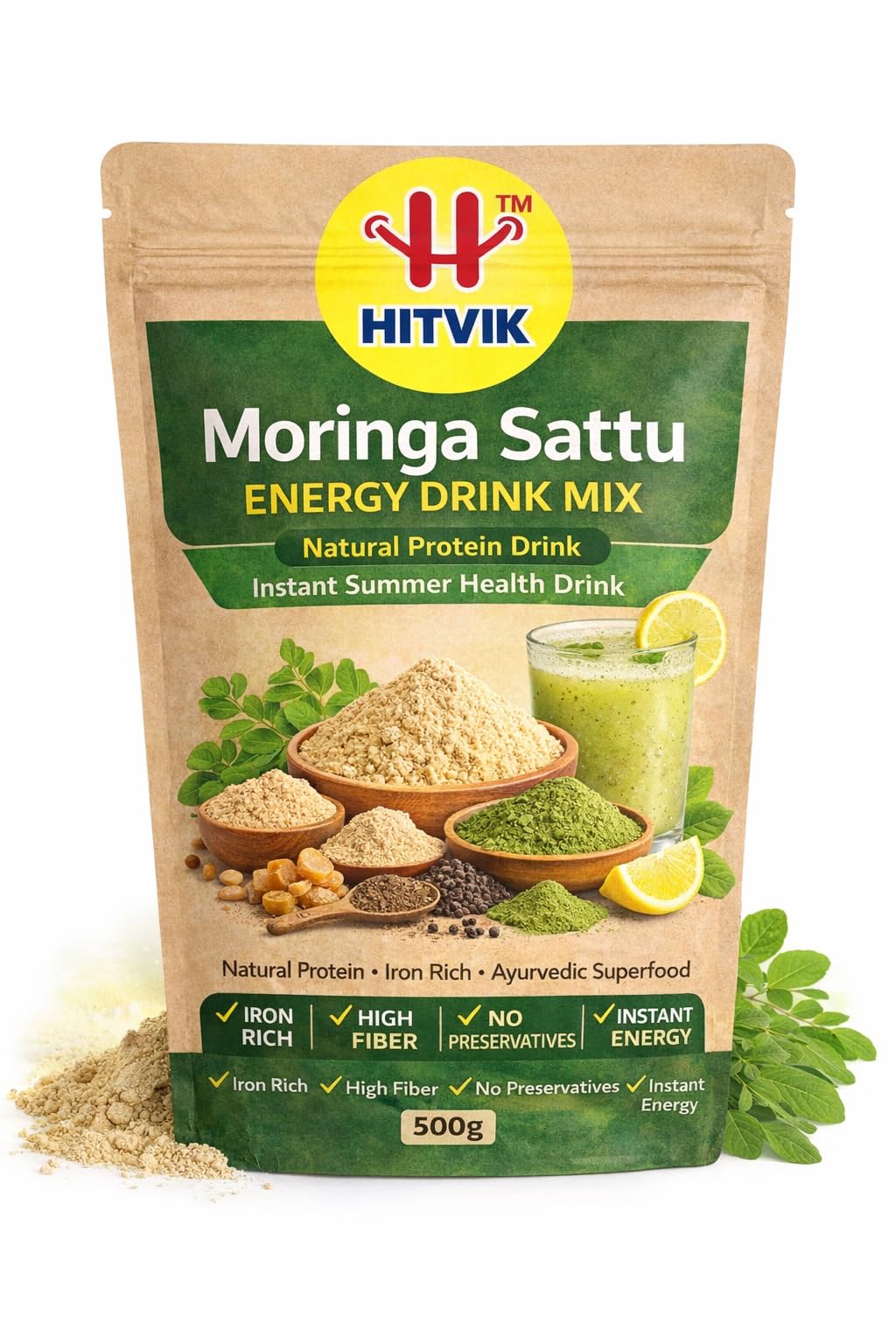 HITVIK Moringa Sattu Energy Drink Mix 500g | Natural Protein Drink | Instant Summer Health Drink | Rich in Iron & Fiber | For Energy & Digestion-image-24