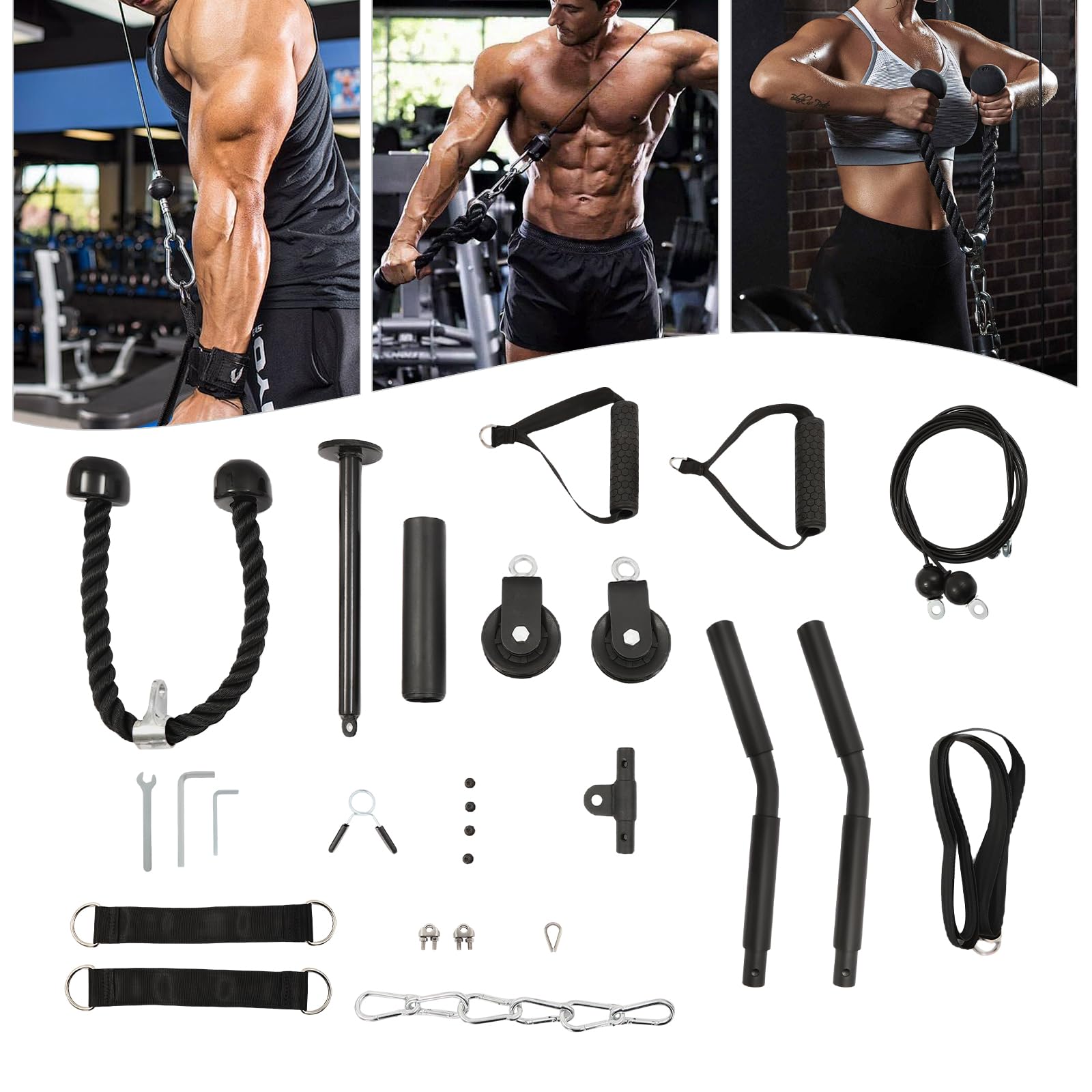 Gewicht Seilzug Fitness, Unterarm Trainingsgerät mit Silent Nylon-Rollen Einstellbare Kabellänge 250cm 100cm Zugstange Tragfähigkeit 120kg für Hause und Fitnessstudio