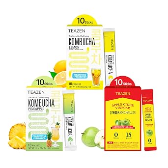 TEAZEN Kombucha Tea 20 Sticks Lemon, Pineapple Flavor & Apple Cider Vinegar Powder 10 Sticks