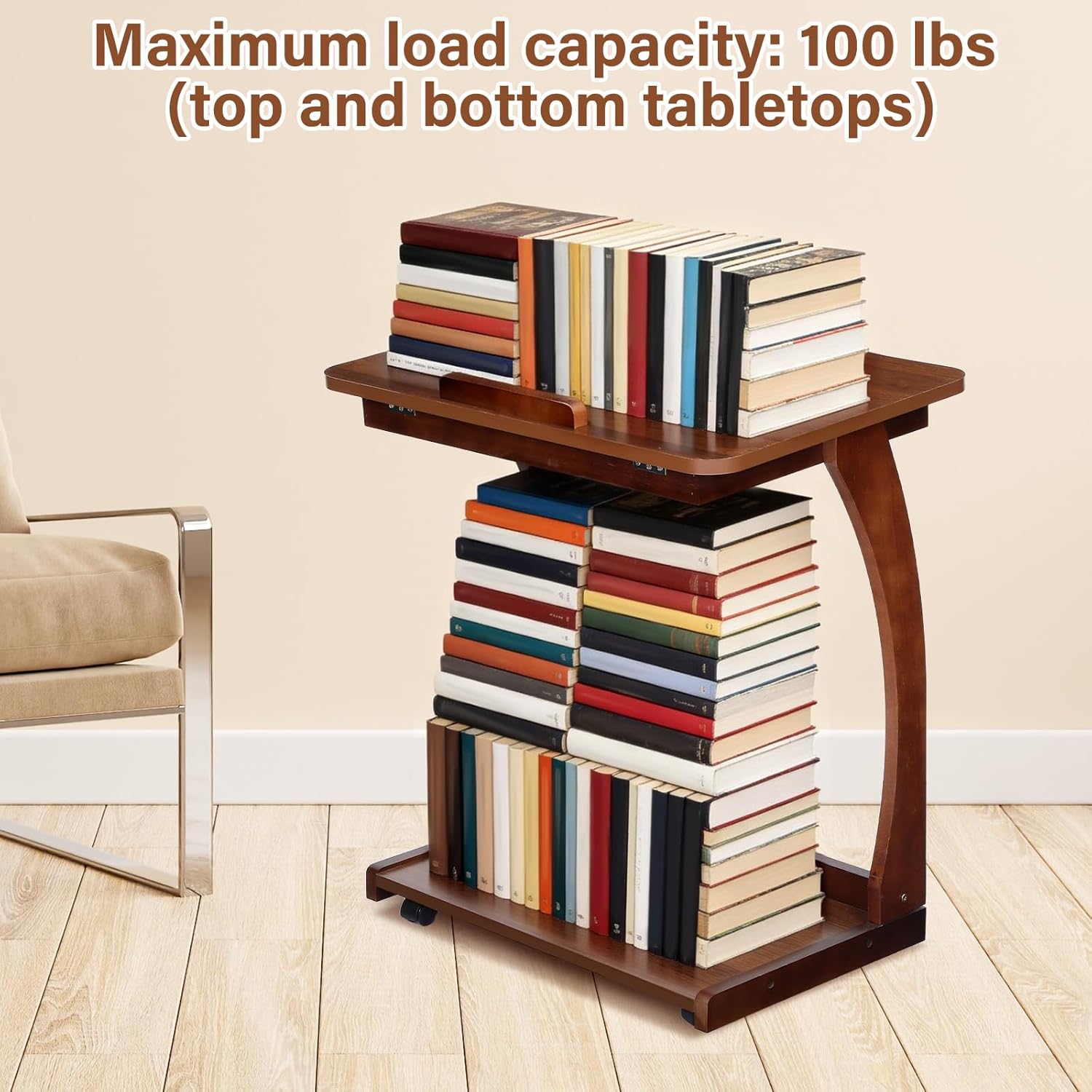 Redriver 24" C Shaped Side Table, Wooden C-Shaped End Table with 3 Adjustable Desktop & 2 Lockable Wheels, Small Couch Rolling Side Table for Living Room, Bedroom (Natural)