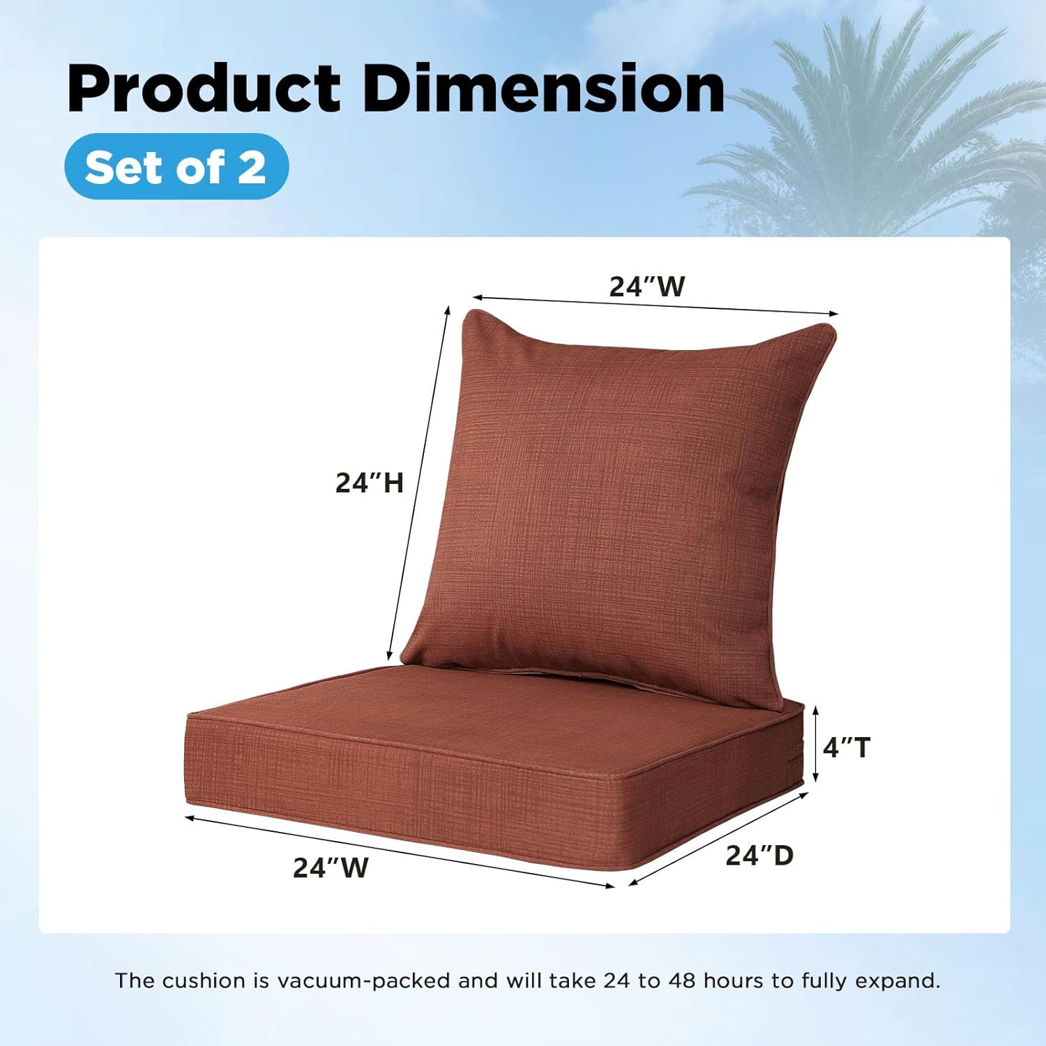 Outdoor Deep Seat & Back Cushion Set (2-Pack), 24 x 24 Inch Water Repellent and Fade Resistant Patio Furniture with Removable Cover for Outside Sofa Couch, Terra Cotta