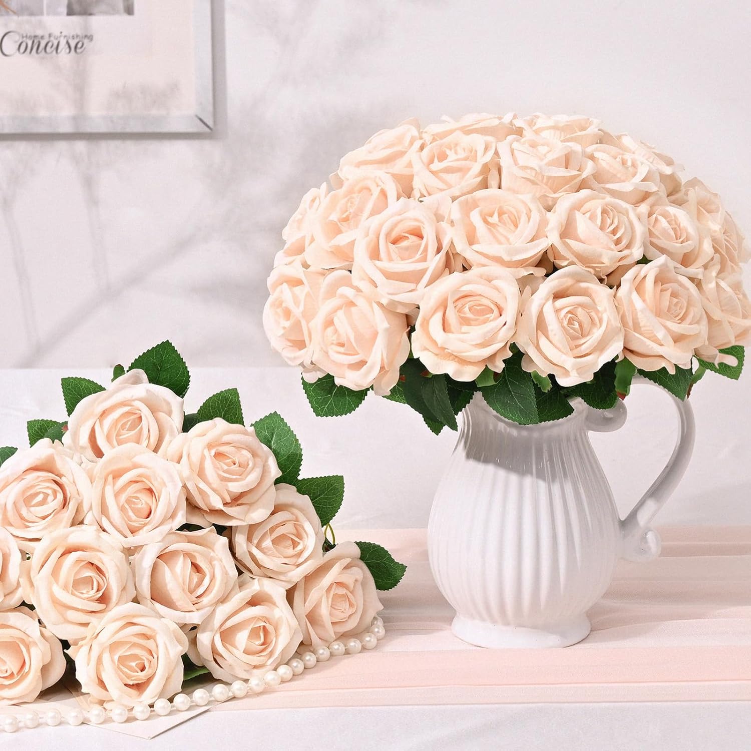 100 Pcs Champagne Roses Artificial Flowers, Real Touch Velvet Roses Bouquet Fake Flowers Bulk, Artificial Roses with Long Stems for Valentines Day Gift DIY Bridal Wedding Centerpiece Decorations - Image 3