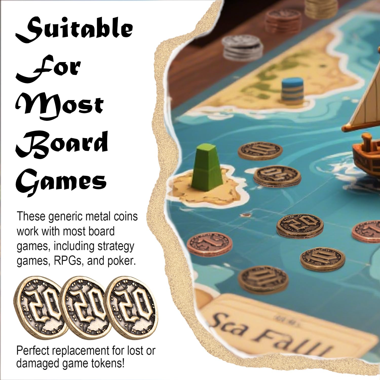 Monedas de metal para juegos de mesa, 20 fichas del tesoro para póquer, RPG, juegos de mesa de estrategia, moneda de fantasía, moneda genérica resistente (bronce, valor 20 monedas)