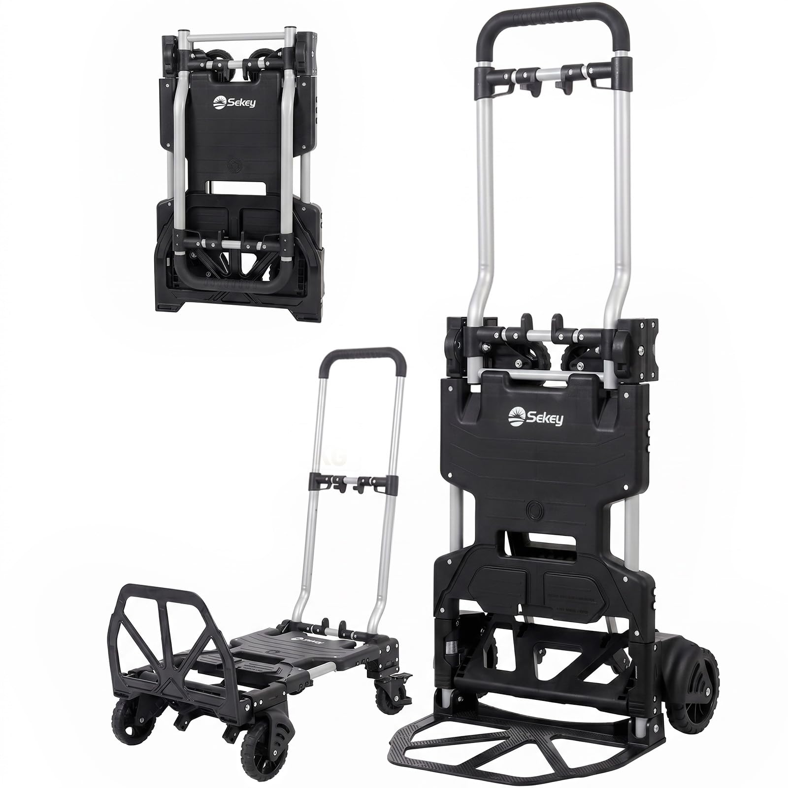 Sekey Sackkarre Klappbar & Klappbarer Transportwagen 2-in-1, Aluminium Plattformwagen belastbar bis 150 kg, Transportkarre mit TPR-Doppellagerräder, Bremse & Ergonomischem Griff, Schwarz