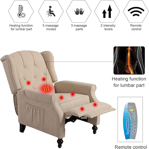 Miniatura 23 de Silla reclinable de masaje con respaldo de alas con calor, sillón de tela copetudo, sillón reclinable con respaldo a distancia y respaldo ajustable