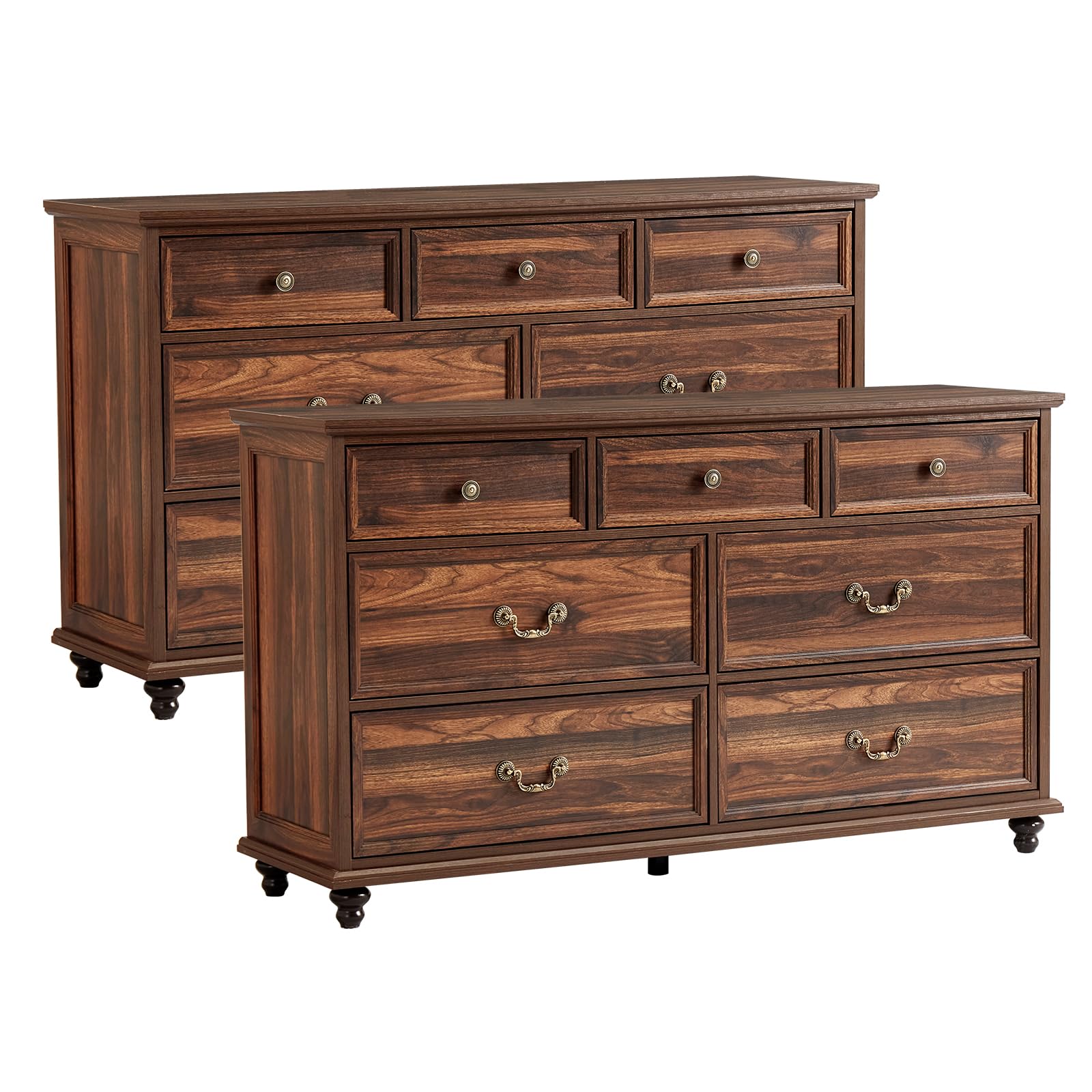 Joaxswe Farmhouse 7 Drawers Dresser Sets of 2 for Bedroom, Brown 54 Inch Wide Chest of Drawers w/ 4 Wooden Legs, Large Vintage Rustic Closet Dressers for Living Room, Wood TV Stand