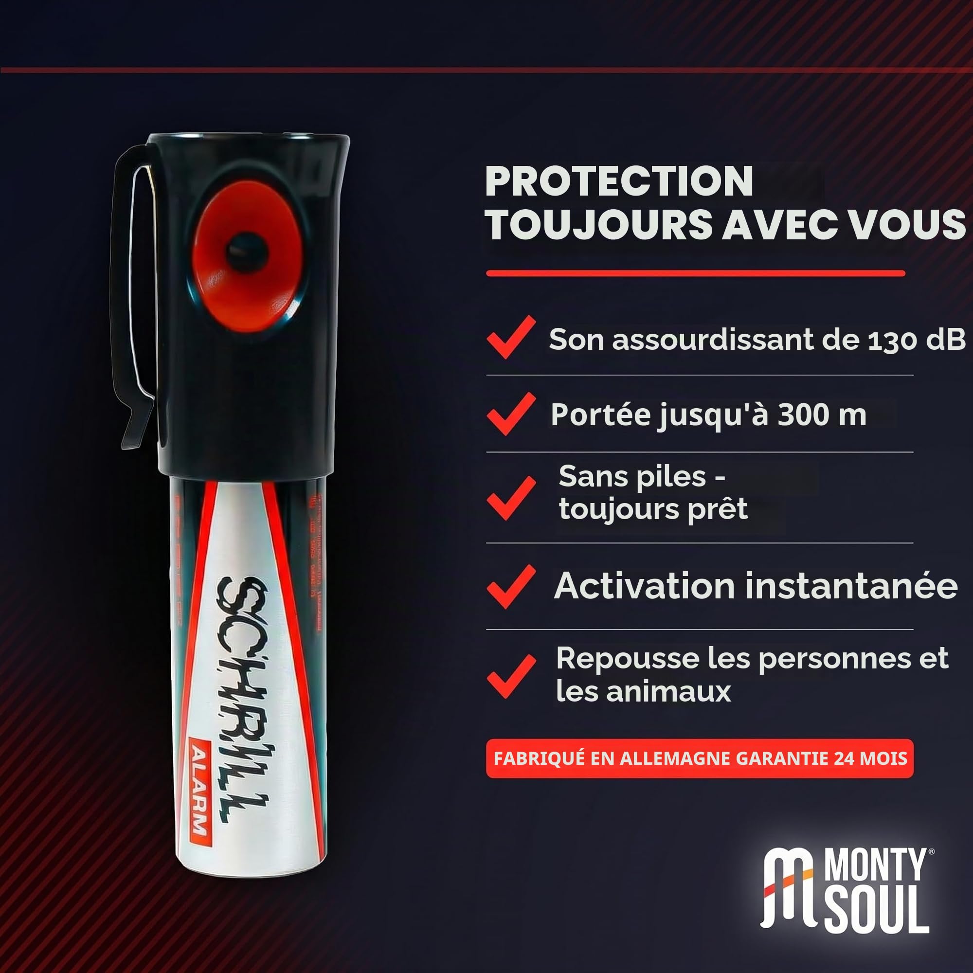 Dispositif de sécurité portable sans piles - Défense personnelle contre les personnes malveillantes et les animaux dangereux - Urgences et autodéfense - Fabriqué en Allemagne (1)