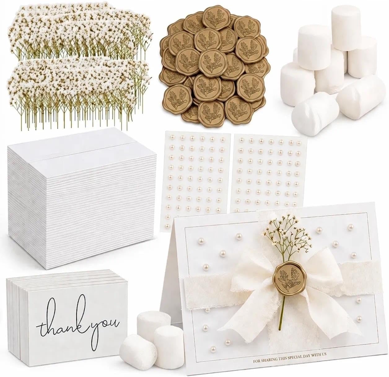 50-Piece DIY Wedding Invitation Kit for Weddings, Engagements, Birthdays, Graduations, Baby Showers & More – Includes Thank You Cards, Pearl & Wax Stickers, Ribbon, Parchment & Dried Flowers