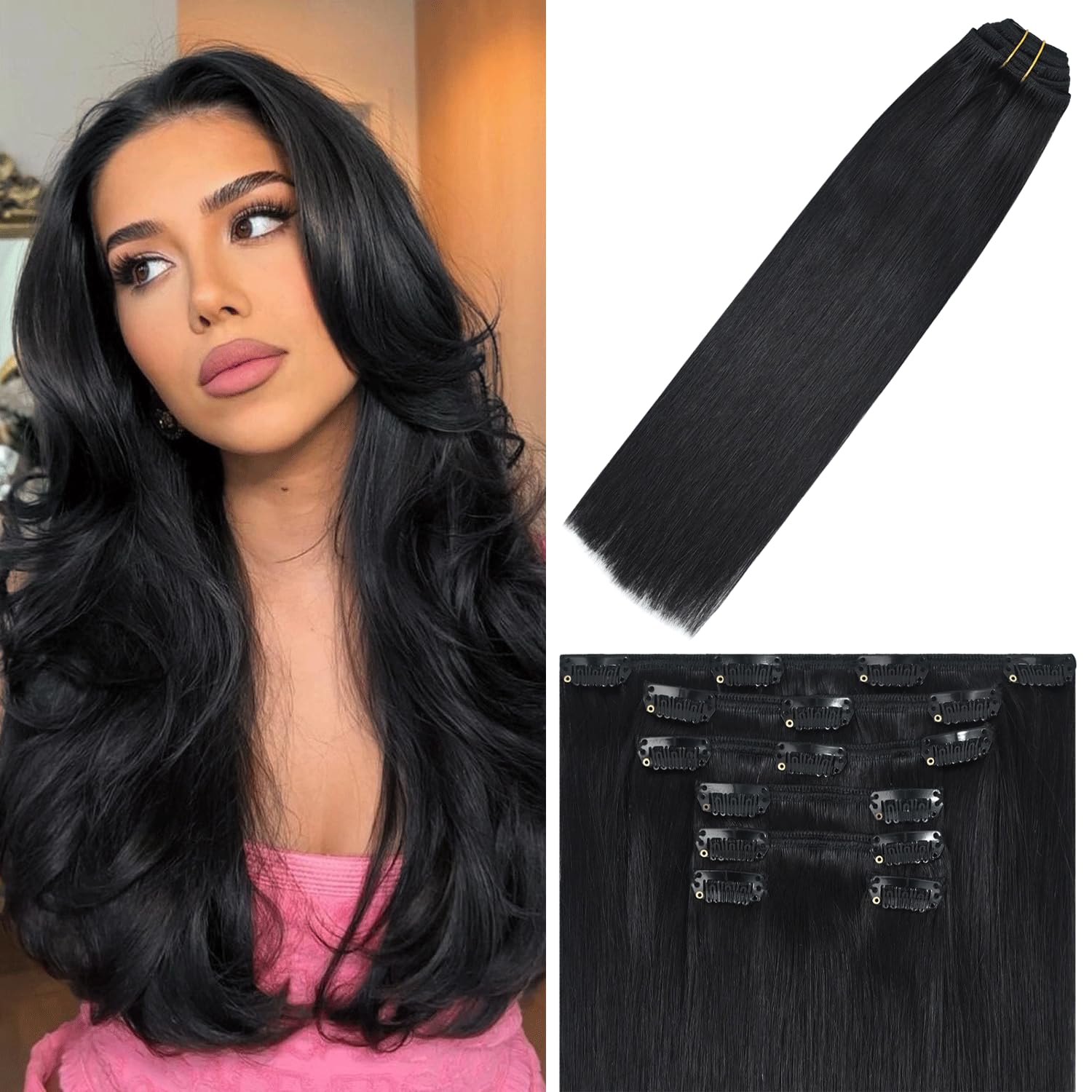 WindTouch Clip in Hair Extensions Naturl Black 20Inch Clip ins Real Human Hair Black Women #1b 75g 7PCS Black Clip in Hair Extensions