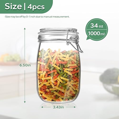 Miniatura 3 de Tarros de vidrio para almacenamiento de alimentos con tapas herméticas de 34 onzas, redondos, paquete de 4 recipientes de almacenamiento de cocina,