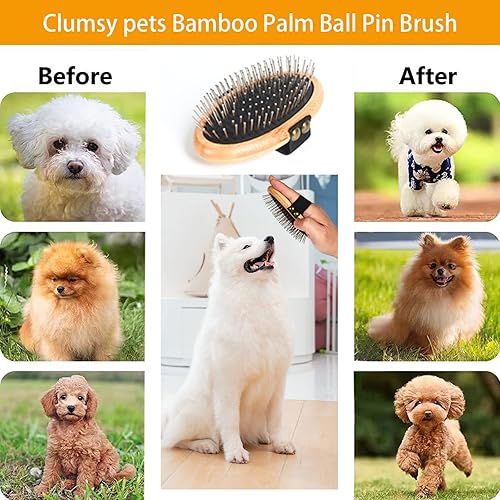 Miniatura 6 de Clumsy pets Pincel de bambú con forma de bola de palmera para perros pequeños y gatos, masaje, desprendimiento y baño, pasador de metal,