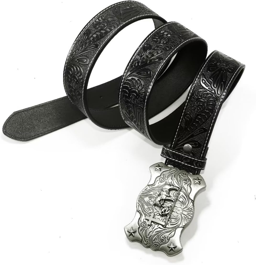 Moranse Belts With Religion Cross Cowboy Kneeling Prayer Buckle,Genuine Cow Leather,Classic and Retro Pattern Fashion Designs