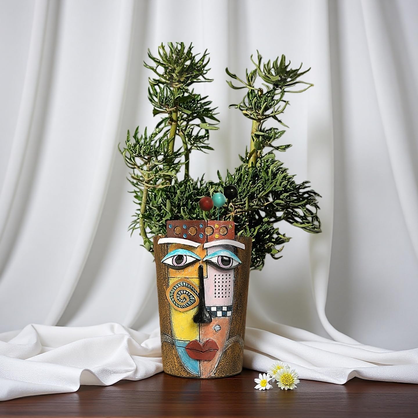 Picasso Abstract Face Flower Pot,Plant Pot with Facial Expressions,Handmade Resin Plant Pot with Drainage Holes,for Indoor and Outdoor Botanical Home décor (Brown Large)