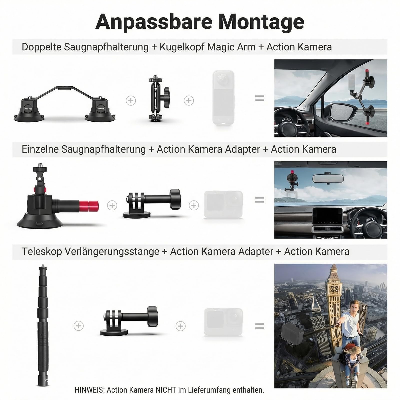 NEEWER Dreifach Saugnapf Autohalterung kompatibel mit Insta360 X5 X4 GoPro DJI OSMO 360 Kameras, Schnellverschluss Windschutzscheibe Magic Arm Halterung, 2 in 1 Verlängerungsstange/Selfie Stick, CA065