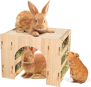 BWOGUE Large Wooden Rabbit Hideout with 2 Hay Feeder, 3 in 1 Detachable Wood Bunny Hideout and Tunnel Rabbit Hay Feeder for Cage for Adult Rabbits Guinea Pigs Hamster Chinchilla Habitat