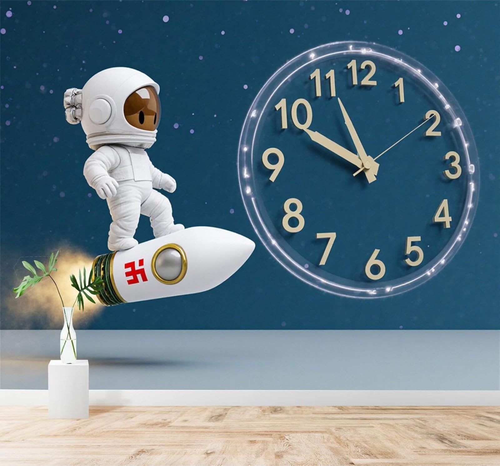 XLMING Cute Astronaut Rocket Glowing Clock Starry Sky 3D Wallpaper Premium Textured Silk Study Dining Living Room Bedroom Sofa TV Wall Easy Install-300cm×210cm