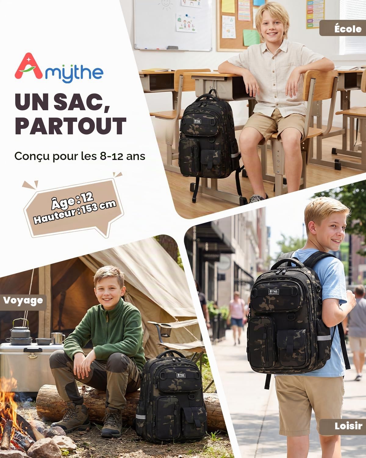 Amythe Cartable Garçon Primaire CE2 CM1 CM2, Camouflage Noir
